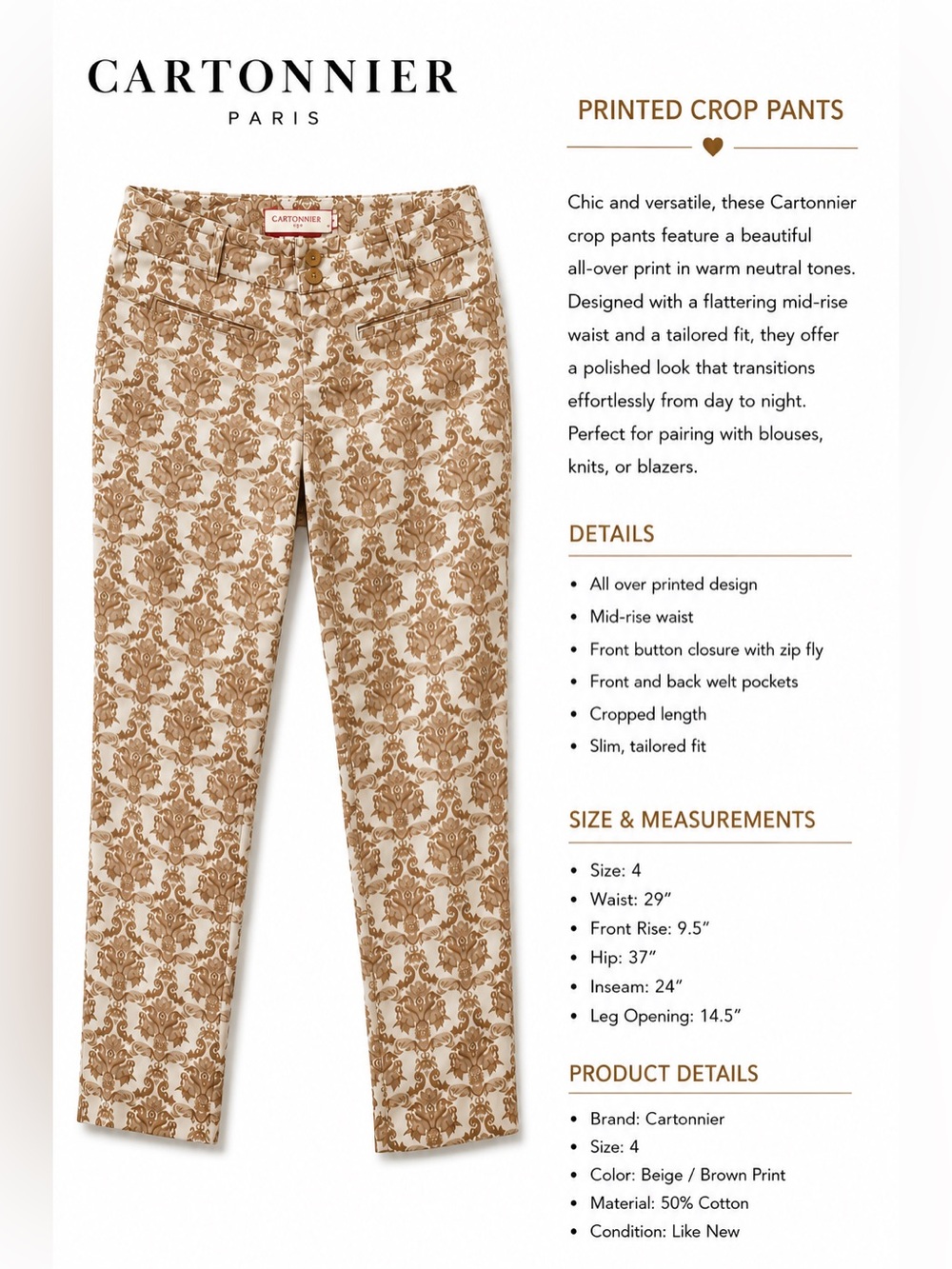 Cartonnier Beige & Brown Printed Cropped Jeans